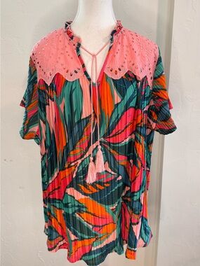 Rio & Rian 2X Tropical Floral Blouse Eyelet Collar Pleated Tassel Boho Top